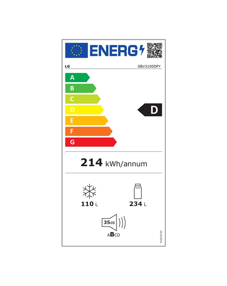 LG Refrigerator GBV3100DPY Energy efficiency class D Free standing Combi Height 186 cm No Frost system Fridge net capacity 234 L