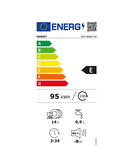 INDESIT Dishwasher D2F HD624 AS Free standing Width 60 cm Number of place settings 14 Number of programs 9 Energy efficiency cla