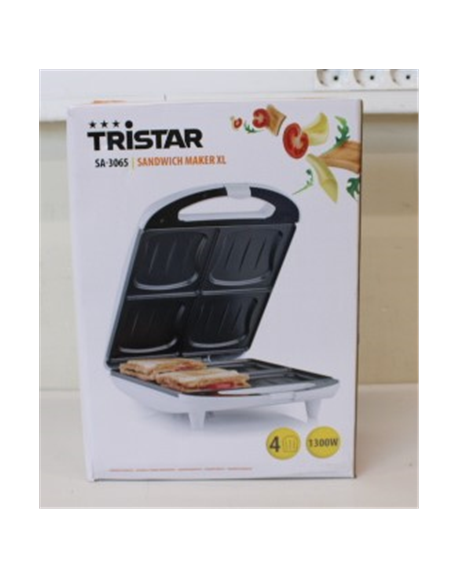 SALE OUT. Tristar SA-3065 Sandwich Maker, 4 plates, Non-stick coating, Anti slip feet, White,DAMAGED PACKAGING, SCRATCHED ON BAC