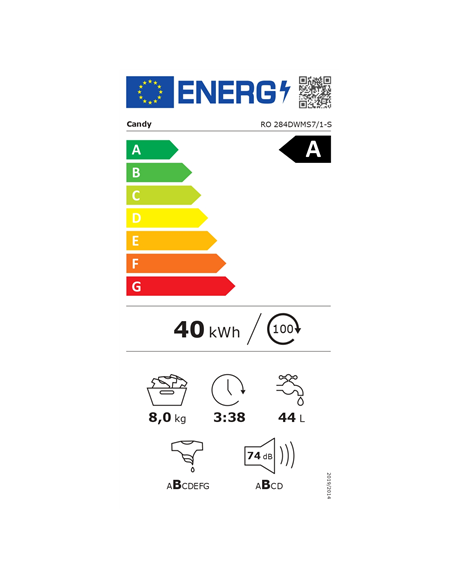 Candy Washing Machine | RO 284DWMS7/1-S | Energy efficiency class A | Front loading | Washing capacity 8 kg | 1200 RPM | Depth 5