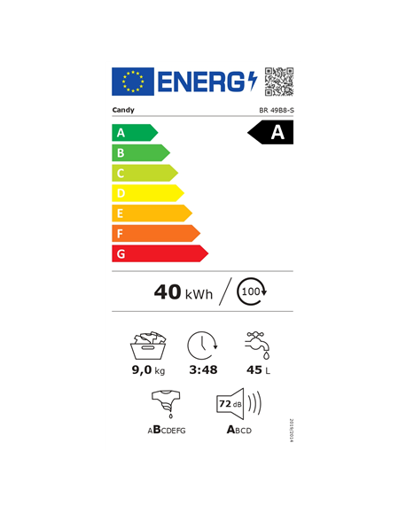 Candy Washing Machine | BR 49B8-S | Energy efficiency class A | Front loading | Washing capacity 9 kg | 1400 RPM | Depth 60 cm |