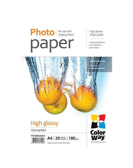 ColorWay Photo Paper 20 pcs. PG180020A4 Glossy, White, A4, 180 g/m²